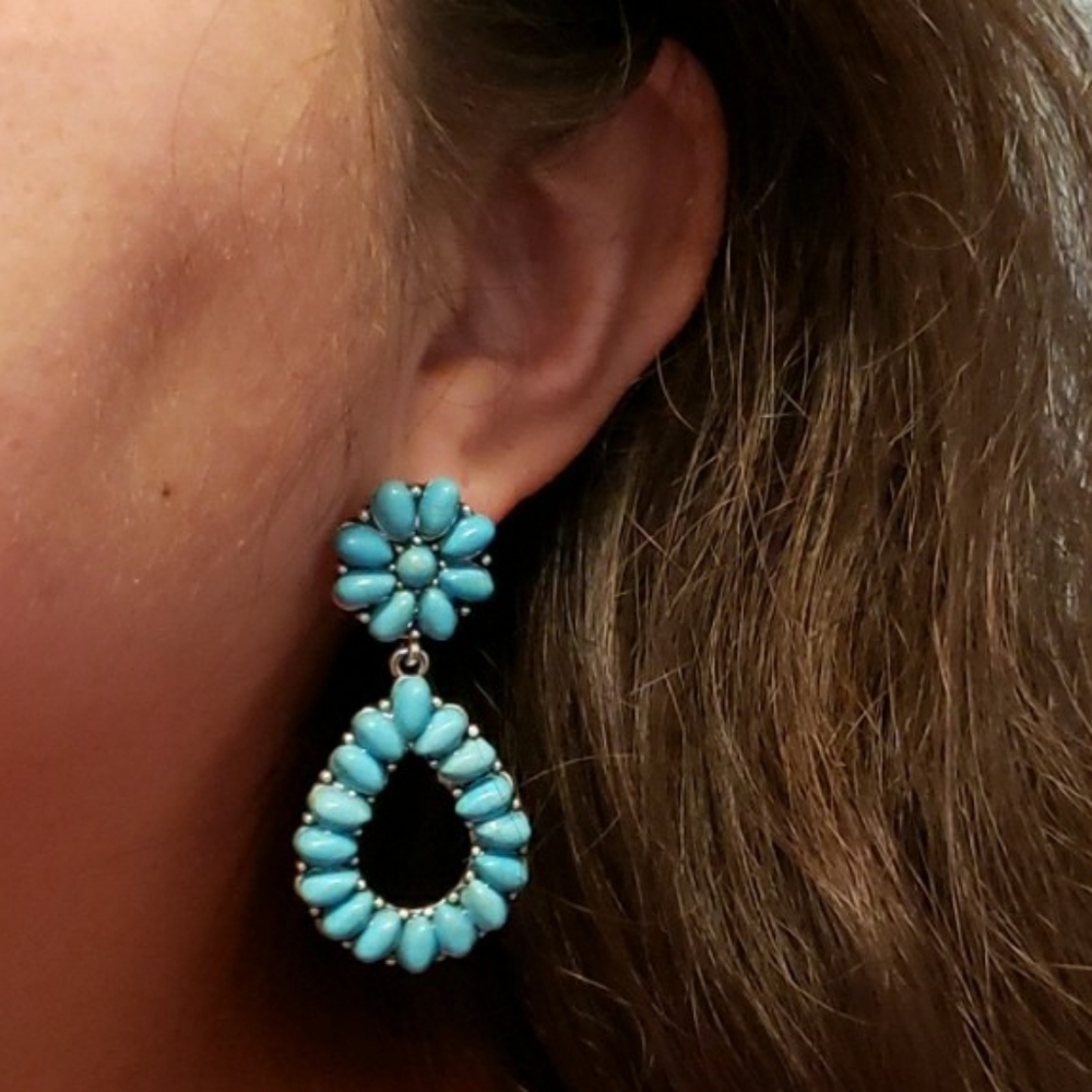 (B) Turquoise Floral Earrings Boho Western Cowgirl Rodeo Vaqueros - Picture 4 of 10